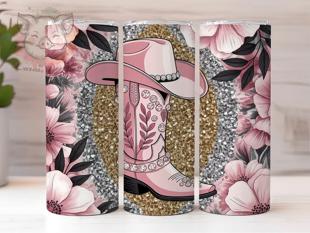 Pink Cowgirl Boots Western Tumbler Wrap, Sublimation Design, Cowgirl Boots Wrap, Pink Cowgirl Hat, Western Tumbler Design, Floral Country Style, 20Oz Tumbler Sublimation Lara' s Designs 
