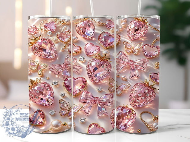 Pink Crystal Strawberry Bow 20oz Tumbler, Pink Crystal, Strawberry Motif, Bow Accent, Sublimation Wrap, 20oz Tumbler, Whimsical Aesthetic, Cute Charm Sublimation ToriDesigns 