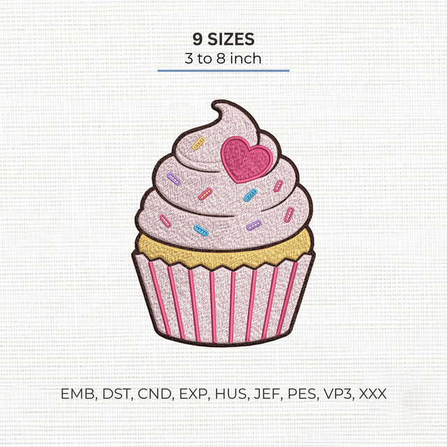 Pink Cupcake Embroidery Design – Cute Heart Cupcake Sprinkles Valentine Birthday Machine Embroidery File Embroidery/Applique DESIGNS PatternFeed8 