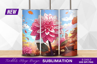 Pink dahlia flower autumn leaves tumbler png Sublimation Regulrcrative 