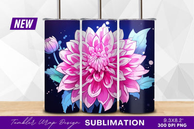 Pink dahlia flower illustration with blue leaves Sublimation Regulrcrative 