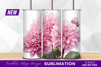 Pink dahlia flowers delicate watercolor illustration tumbler png Sublimation Regulrcrative 
