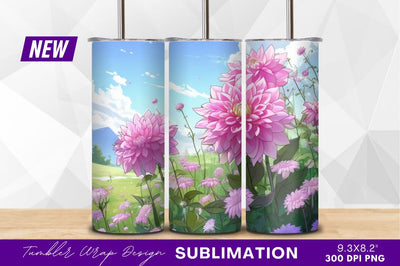 Pink dahlia flowers in field illustration Sublimation Regulrcrative 
