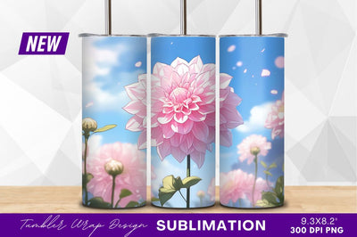 Pink dahlia flowers with blue sky tumbler png Sublimation Regulrcrative 