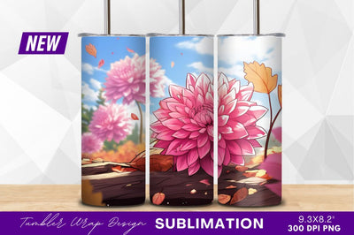 Pink dahlias and autumn leaves tumbler png Sublimation Regulrcrative 