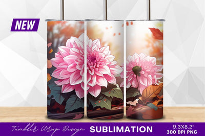 Pink dahlias with falling autumn leaves tumbler png Sublimation Regulrcrative 