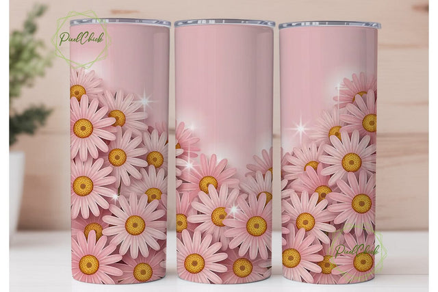 Pink Daisy Glitter 20oz Tumbler Wrap Sublimation PixelChick 