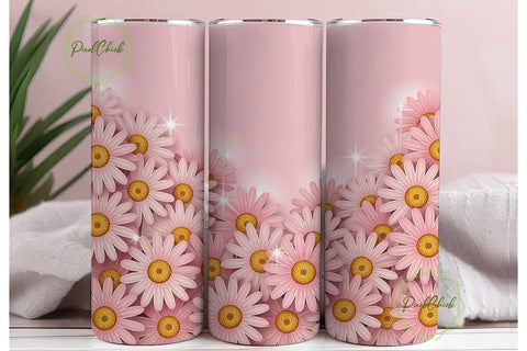 Pink Daisy Glitter 20oz Tumbler Wrap Sublimation PixelChick 