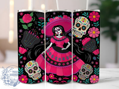 Pink Dia de los Muertos Tumbler Wrap, Pink Sugar Skull Wrap, 20oz Sublimation, Mexican Skull Cup, Dia De Los Muertos Mug, Floral Skull Tumbler, Pink Halloween Drinkware Sublimation ToriDesigns 