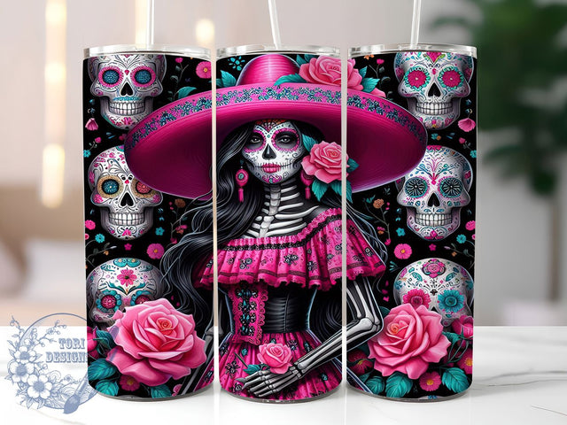 Pink Dia de los Muertos Tumbler Wrap, Pink Sugar Skull Wrap, 20oz Sublimation, Mexican Skull Cup, Dia De Los Muertos Mug, Floral Skull Tumbler, Pink Halloween Drinkware Sublimation ToriDesigns 