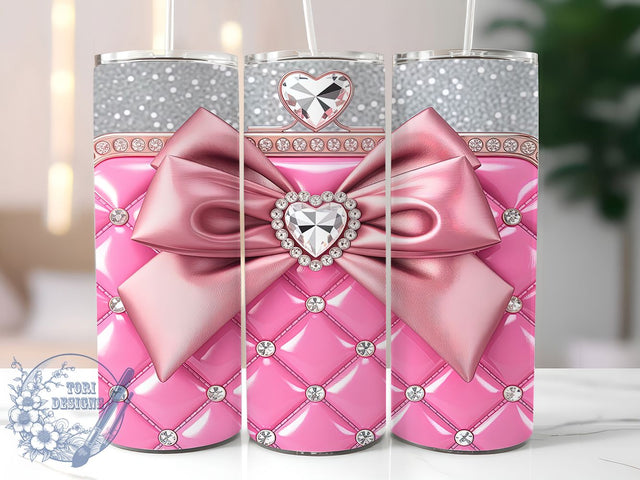Pink Diamond Glam Bow Tumbler, Diamond Bling Pattern, Heart Sparkle Design, 20Oz Sublimation Wrap, Glam Bow Art, Shiny Diamond Texture, Tumbler Sublimation Sublimation ToriDesigns 