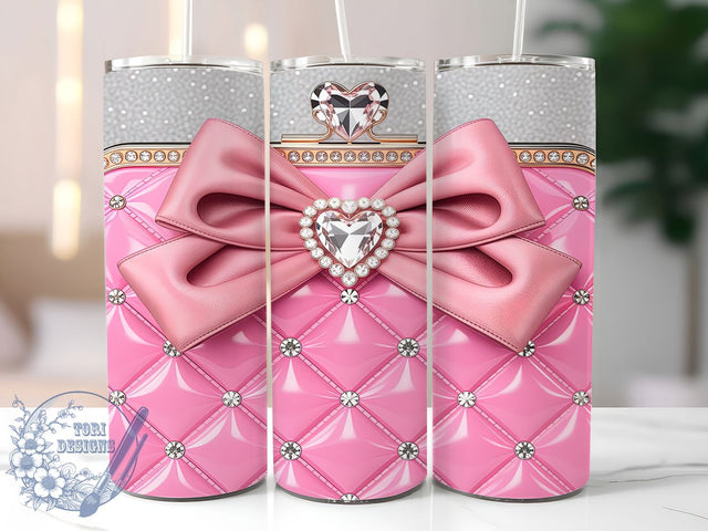 Pink Diamond Glam Bow Tumbler, Diamond Bling Pattern, Heart Sparkle Design, 20Oz Sublimation Wrap, Glam Bow Art, Shiny Diamond Texture, Tumbler Sublimation Sublimation ToriDesigns 