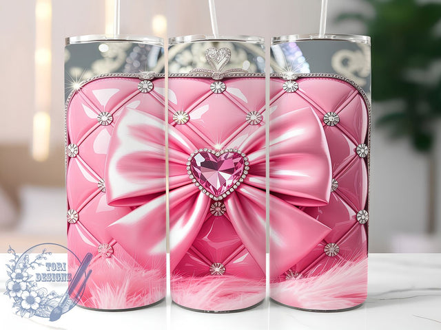 Pink Diamond Glam Bow Tumbler, Diamond Bling Pattern, Heart Sparkle Design, 20Oz Sublimation Wrap, Glam Bow Art, Shiny Diamond Texture, Tumbler Sublimation Sublimation ToriDesigns 