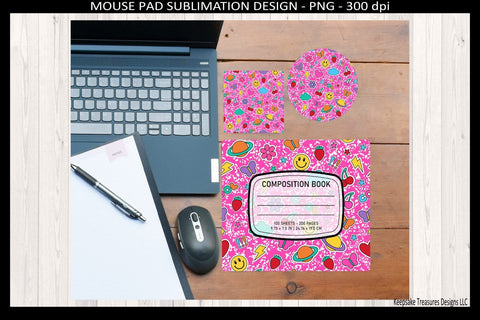 Pink Doodle Teacher Composition Book Mouse Pad and Coasters, Sublimation Png Printable Sublimation Keepsake Treasures Designs LLC. 