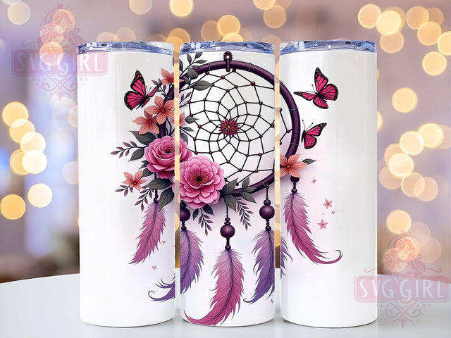 Pink Dreamcatcher Boho Floral Tumbler, Boho Flowers Drinkware, 20oz Sublimation Wrap, Bohemian Floral Cup, Colorful Dreamcatcher Gift, Ethnic Inspired Tumbler, Floral Decor Drinkware Sublimation SvggirlplusArt 