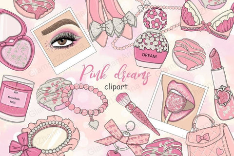 Pink Dreams CLIPART Coffee Fashion Illustration Stickers PNG SVG GlamArtZhanna 