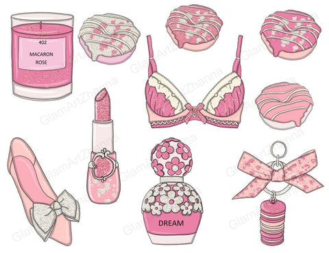 Pink Dreams CLIPART Coffee Fashion Illustration Stickers PNG SVG GlamArtZhanna 