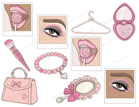 Pink Dreams CLIPART Coffee Fashion Illustration Stickers PNG SVG GlamArtZhanna 