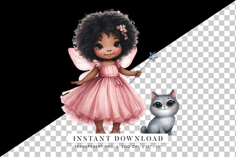 Pink Fairy Girl PNG, Cute Afro Fairy and Cat Clipart Sublimation BijouBay 