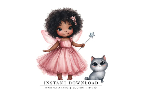 Pink Fairy Girl PNG, Cute Afro Fairy and Cat Clipart Sublimation BijouBay 