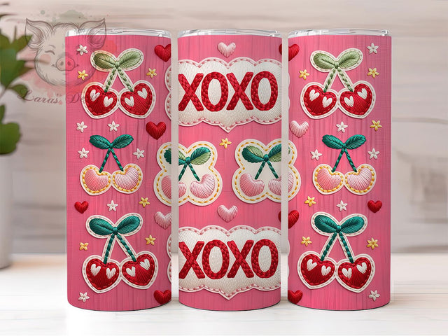 Pink Faux Yarn XOXO Tumbler, Pink Faux Yarn, XOXO Patch, Cozy Valentine, Romantic Gift, 20Oz Tumbler, Sublimation Wrap Sublimation Lara' s Designs 