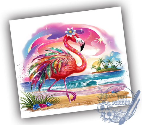 Pink Flamingo Beach Scene 20oz Skinny Tumbler, Tropical Vibes Tumbler Png, Straight & Tapered Tumbler Wrap, Instant Digital Download Sublimation ToriDesigns 