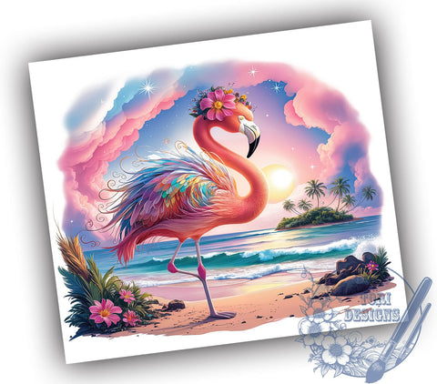 Pink Flamingo Beach Scene 20oz Skinny Tumbler, Tropical Vibes Tumbler Png, Straight & Tapered Tumbler Wrap, Instant Digital Download Sublimation ToriDesigns 