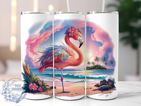 Pink Flamingo Beach Scene 20oz Skinny Tumbler, Tropical Vibes Tumbler Png, Straight & Tapered Tumbler Wrap, Instant Digital Download Sublimation ToriDesigns 
