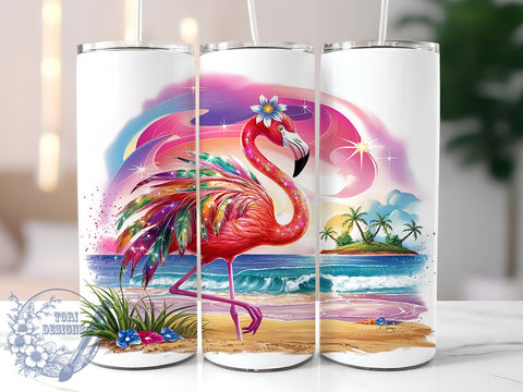 Pink Flamingo Beach Scene 20oz Skinny Tumbler, Tropical Vibes Tumbler Png, Straight & Tapered Tumbler Wrap, Instant Digital Download Sublimation ToriDesigns 