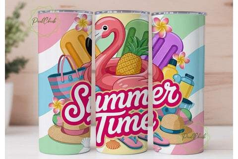 Pink Flamingo Summer Time Tumbler Wrap Sublimation PixelChick 