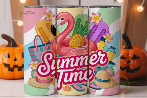 Pink Flamingo Summer Time Tumbler Wrap Sublimation PixelChick 