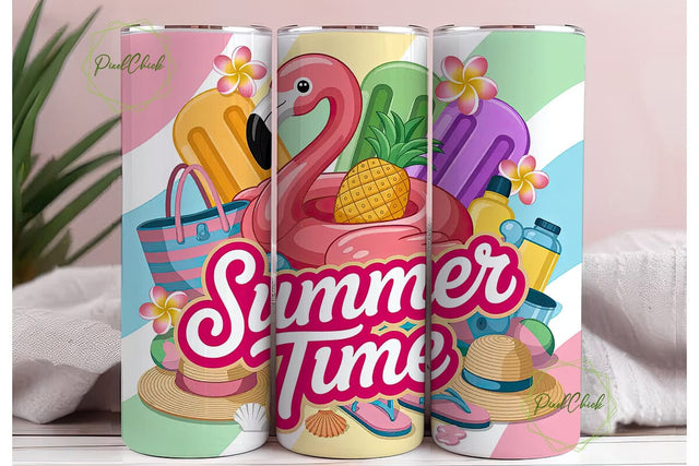 Pink Flamingo Summer Time Tumbler Wrap Sublimation PixelChick 