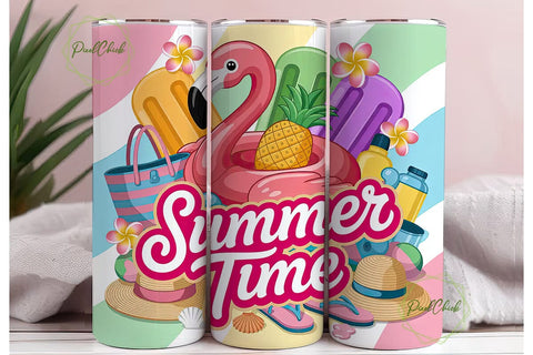 Pink Flamingo Summer Time Tumbler Wrap Sublimation PixelChick 