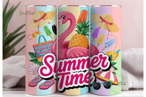 Pink Flamingo Summer Time Tumbler Wrap Sublimation PixelChick 