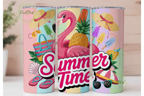 Pink Flamingo Summer Time Tumbler Wrap Sublimation PixelChick 