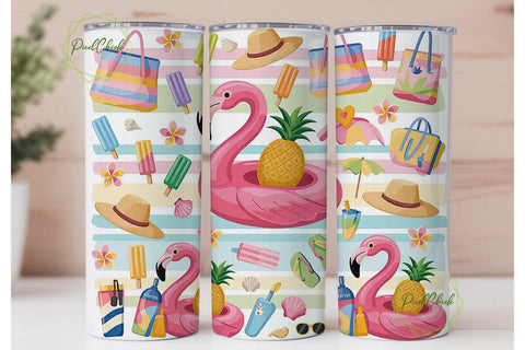 Pink Flamingo Summer Time Tumbler Wrap Sublimation PixelChick 