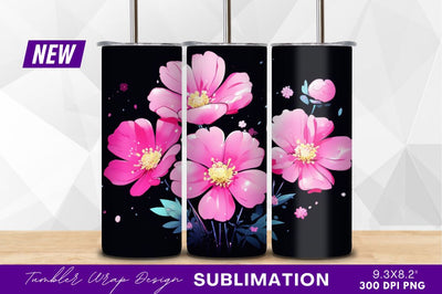 Pink floral blossom on black background tumbler png Sublimation Regulrcrative 