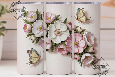 Pink Floral Butterfly 20oz Tumbler Wrap Sublimation sassyprint 