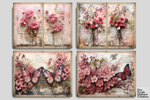Pink Floral Butterfly Digital Junk Journal Double Pages Digital Pattern Fine Purple Elephant Creations 