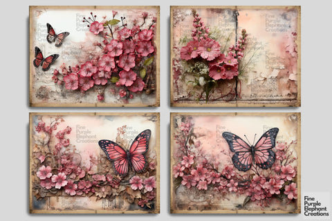 Pink Floral Butterfly Digital Junk Journal Double Pages Digital Pattern Fine Purple Elephant Creations 