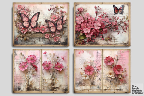 Pink Floral Butterfly Digital Junk Journal Double Pages Digital Pattern Fine Purple Elephant Creations 