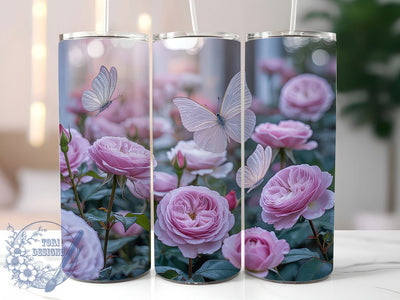 Pink Floral Butterfly Tumbler, Floral Design, Pink Theme, Nature Style, Elegant Pattern, 20Oz Tumbler, Sublimation Wrap Sublimation ToriDesigns 