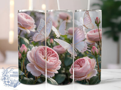 Pink Floral Butterfly Tumbler, Floral Design, Pink Theme, Nature Style, Elegant Pattern, 20Oz Tumbler, Sublimation Wrap Sublimation ToriDesigns 