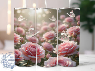 Pink Floral Butterfly Tumbler, Floral Design, Pink Theme, Nature Style, Elegant Pattern, 20Oz Tumbler, Sublimation Wrap Sublimation ToriDesigns 