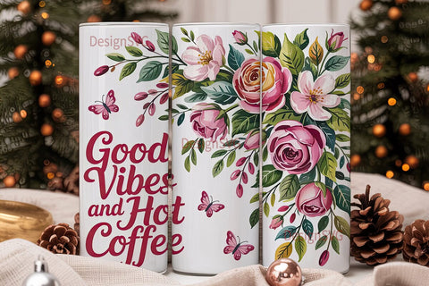 Pink Floral Coffee Tumbler Wrap Sublimation DesignSVG 