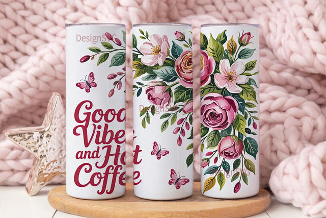 Pink Floral Coffee Tumbler Wrap Sublimation DesignSVG 