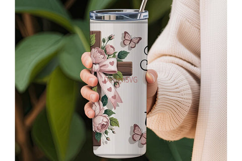 Pink Floral Cross 20oz Tumbler Wrap Sublimation DesignSVG 