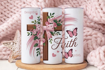 Pink Floral Cross 20oz Tumbler Wrap Sublimation DesignSVG 