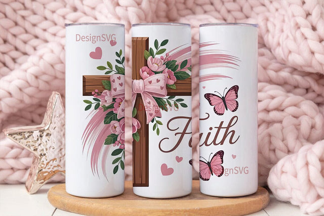 Pink Floral Cross 20oz Tumbler Wrap Sublimation DesignSVG 