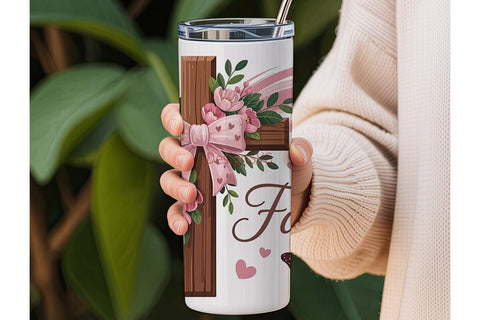 Pink Floral Cross 20oz Tumbler Wrap Sublimation DesignSVG 